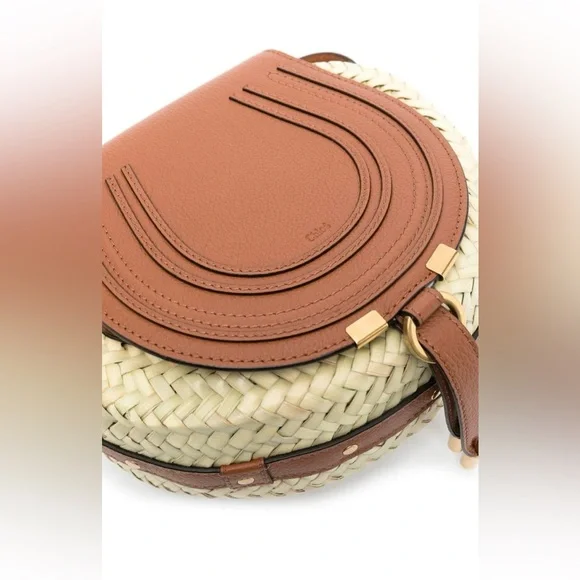 Chloe Marcie Woven Palm Round Crossbody Bag (Tan)